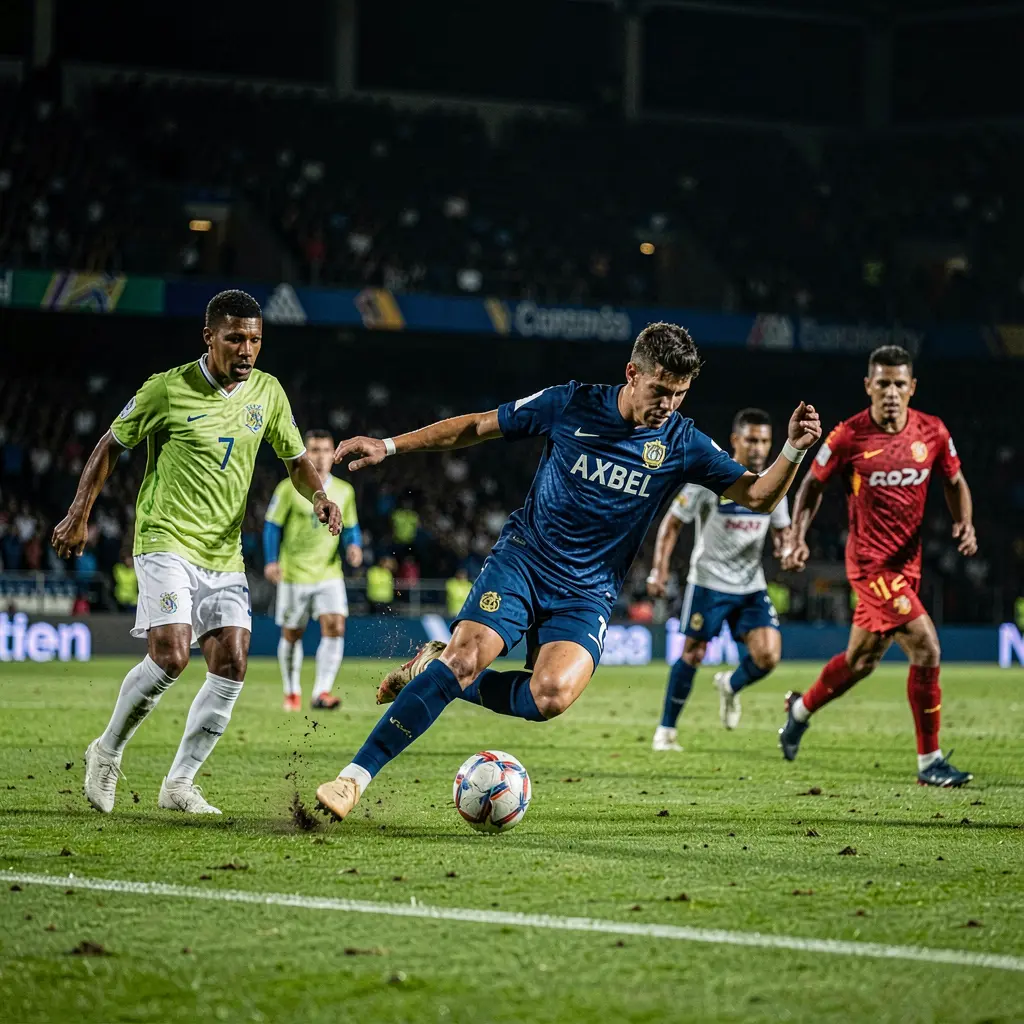 Intense soccer moment with a player controlling the ball under pressure in a packed stadium showcasing premium sports betting on 44BR in Brazil