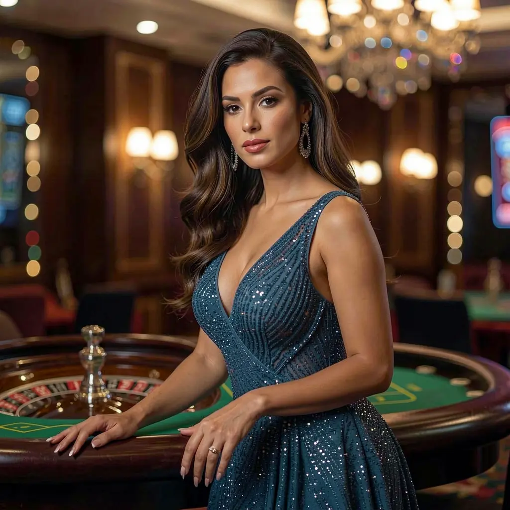 Luxury casino scene with an elegant woman in a sparkling gown posing by a roulette table at 44BR Casino in Brazil