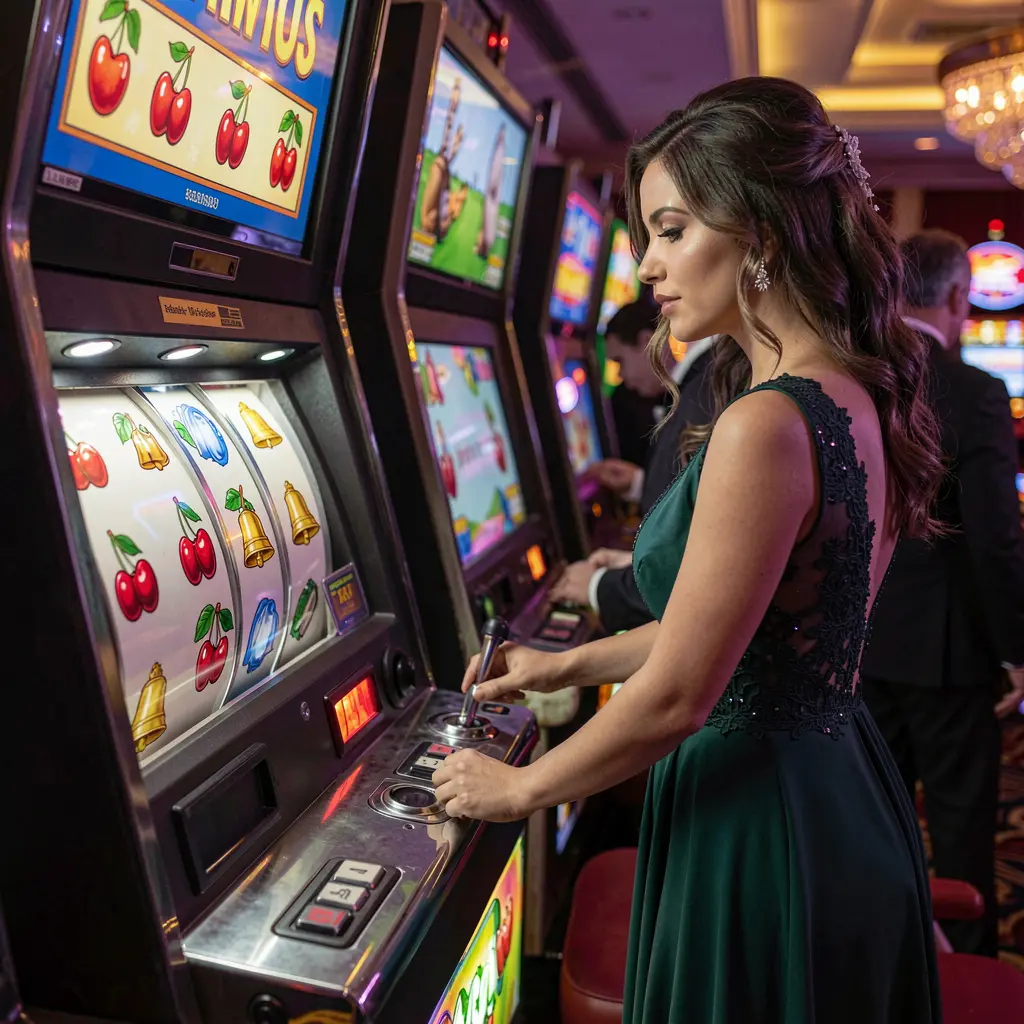 Stylish Brazilian woman enjoying luxurious slot gameplay at 44BR casino with glowing reels and premium casino ambiance